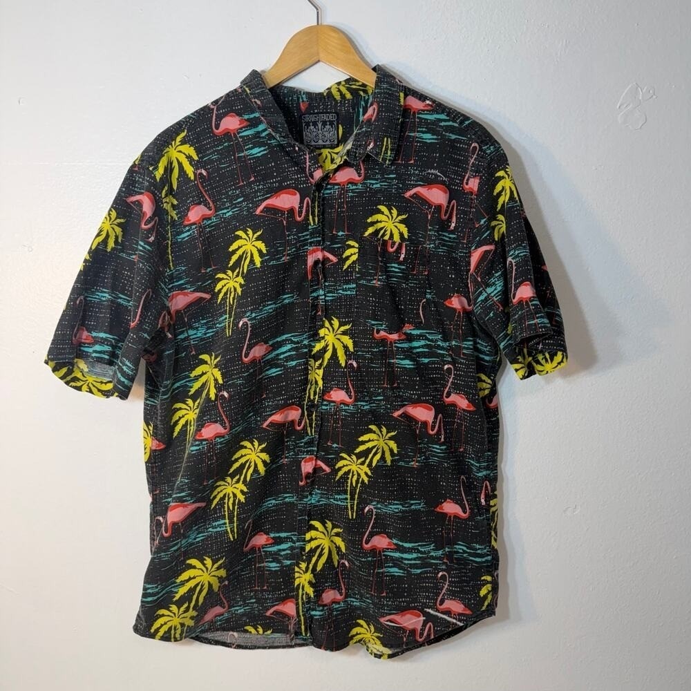 Straightfaded Flamingo Hawaiian‎ Shirt Black Tropical Button Up Men's XL